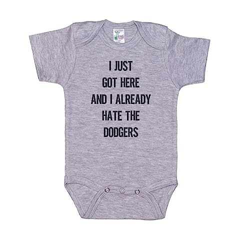 Ebenezer Fire I Just Got Here And I Already Hate The Dodgers/San Francisco Onesie/Baby Baseball Outfit (GREY SHORT SLEEVE, 0-3M) Cover