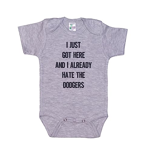 Image of Ebenezer Fire I Just Got Here And I Already Hate The Dodgers/San Francisco Onesie/Baby Baseball Outfit (GREY SHORT SLEEVE, 3-6M)