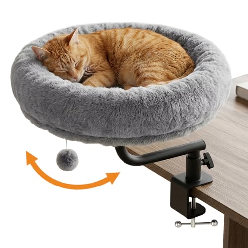 Skylos Cat Desk Bed 360 Rotating Desk Cat Hammock with Clamp-On Attachment Space-Saving Height Adjustable Cats Bed with Washable Soft Plush Cushion for Home Office Supports Up to 6kg
