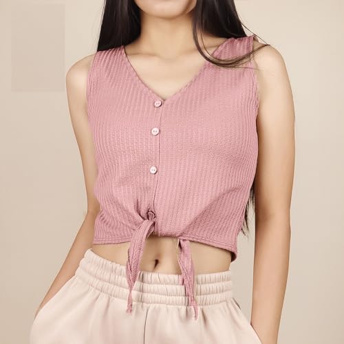 Image of Zilcon Women's Waffle 2025 Summer Causal Sexy Sleeveless Blouse V-Neck Twist Front Tee T-Shirt Crop Tops for Wome