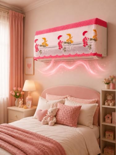 Image of Premium Cotton Net Split AC Cover for 1.5 Ton Indoor Unit | Designer Summer AC Dust Protection Cover | Stylish Protective AC Cover | 38 x 15.35 x 7.8 In | Pink Kids