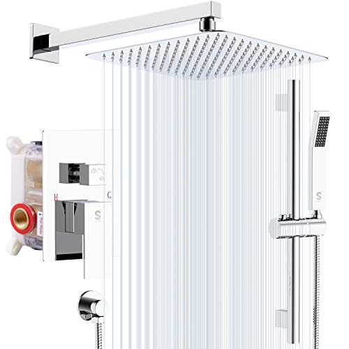 SR SUN RISE Slide Bar Shower Faucet Chrome Bathroom 12 inch Luxury Rain Mixer Shower Combo Set Wall Mounted Rain Shower Head System