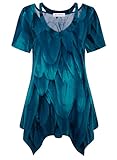 Bulotus Long Shirts for Women to Wear with Leggings, Short Sleeve Tunic Tops for Women Dressy Casual Shirts and Blouses for Work Loose Fit Tunic Tops Plus Size Asymmetrical Slimming Tops, Peacock, XXL