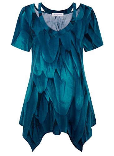 Bulotus Long Shirts For Women To Wear With Leggings, Short Sleeve Tunic Tops For Women Dressy Casual Shirts And Blouses For Work Loose Fit Tunic Tops Plus Size Asymmetrical Slimming Tops, Peacock, Xxl #TOP10