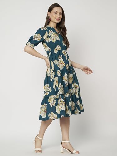 Image of PIDAVLIYA'S Women's Floral Summer Maxi Dress I Cotton Printed I One Piece Bodycon Midi Dress with V-Neck, Puffed Sleeves