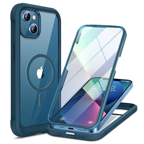 Image of Miracase for iPhone 13 Case 6.1'',Full-Body Magnetic Clear Bumper Case with Built-in 9H Tempered Glass Screen Protector,Military Drop Protection Outdoor Phone Case,Storm Blue