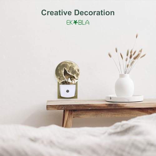 Image of EKOBLA Black Wolf Night Light, Wolf on Cliff Under Full Moon Night Lights Plug Into Wall with Auto Sensor for Bedroom and Staircase