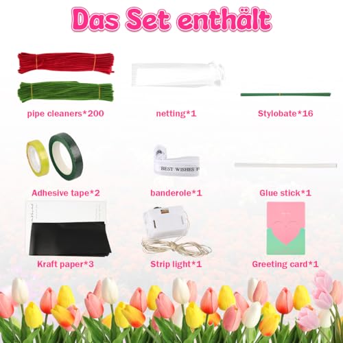 Tulpenstrauß Blumenstrauß Pfeifenreiniger Set mit Pfeifenputzer Bunt, Pfeifenputzer Blumenstrauß zum Bastel, Pipe Cleaner mit Blumendraht und Blumenband für Tulpenstrauß Bastelprojekte (rot)
