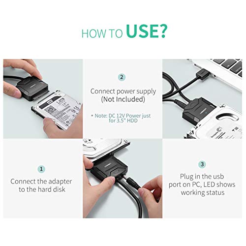 UGREEN Adattatore SATA USB 3.0 per SSD HDD 2.5’’3.5’’ 12TB con Alimentatore DC 12V, Cavo SATA USB 3.0 UASP e Riposo Automatico, SATA Adapter USB 3.0 per WD Toshiba Seagate Samsung Hitachi ecc.