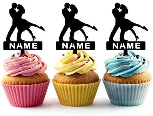 TA0410 Romantic Couple Wedding Silhouette Party Wedding Birthday Acrylic Cupcake Toppers Decor 10 pcs with Personalized Your Name