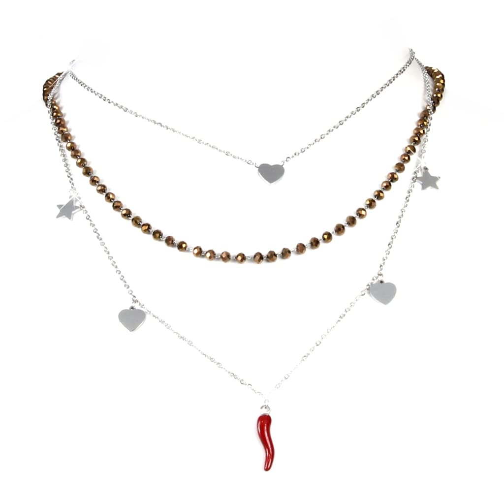 Flowers Collana Multifilo Portafortuna in Acciaio. 3 Fili con ciondoli Corno Rosso, Cuore e Stella. Un Filo di Piccoli Cristalli sfaccettati e Colorati. Elegante Idea Regalo (Bronze