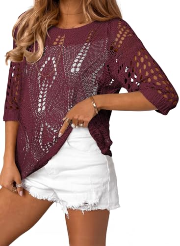Image of EVALESS Womens Crochet Hollow Out Knit Tops Half Sleeve Spring Summer Sweaters Beach Cover Ups for Women Trendy 2026