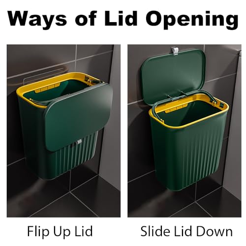 Accmuzzy Kitchen Bin, Under Kitchen Counter Bins with Lid,9L Food Waste Caddy Rubbish Dustbin Wall Mounted for Under Sink,Cupboard Door,Kitchen Cabinet,Camping,Bathroom,Bedroom (Green)