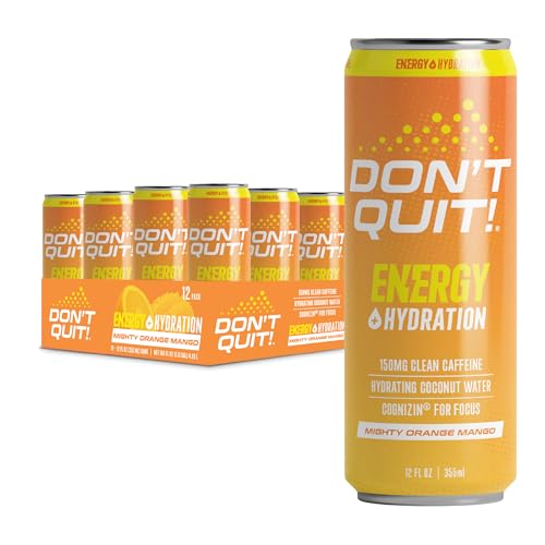 DON’T QUIT Clean Sports Energy Drink - 150 Milligrams of Natural Caffeine with Coconut Water and Electrolytes for Hydration and Cognizin® for Attention and Focus - (Mighty Orange Mango, 12 Pack)