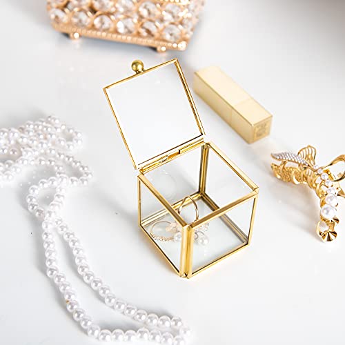 Feyarl Tiny Clear Glass Jewelry Trinket Box Ornate Rings Earrings Display Shadow Box Treasure Chest Organizer Decorative Keepsake Case With Lid For Wedding Birthday Gift (Gold) #TOP2