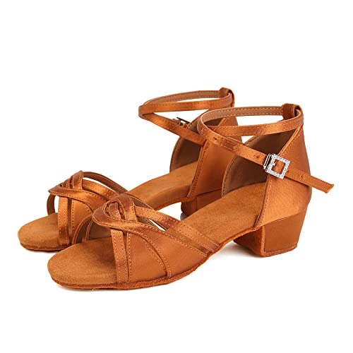 Hroyl Girl's Latin Dance Shoes Kids Low Heel Salsa Tango Pratice Proformence Ballroom Dancing Shoes Em-3038-3 Brown-Satin 1.5(M) Us Big Kid #TOP3