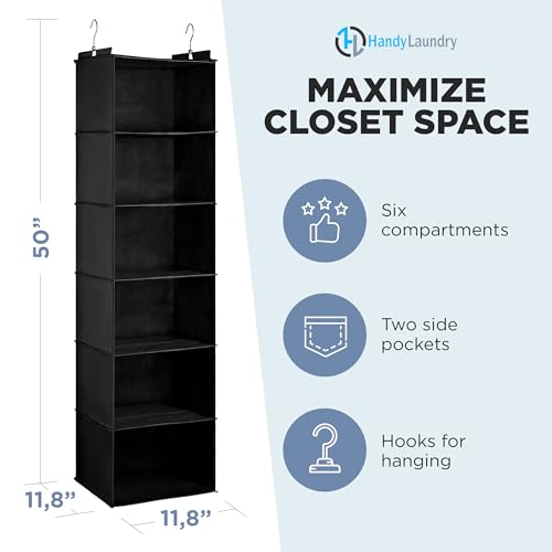 Hanging Closet Organizer - 6 Shelf Storage for Clothes, Sweaters, Shoes & Accessories - Space-Saving Wardrobe Shelves with Hooks for Dorm, RV & Small Closet Organization (Black) - Image 3