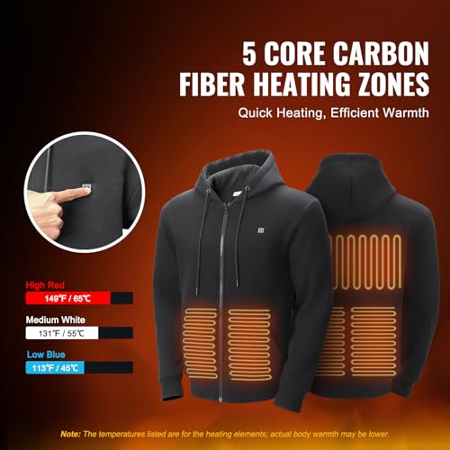Happybuy Heated Hoodie,Unisex Heated Sweatshirt with Battery Pack 7.4V, Zip Up Electric Jacket with 5 Heating Zones for Men & Women, Lightweight Warm Heated Outdoor Pullover for Camping, S Size Black