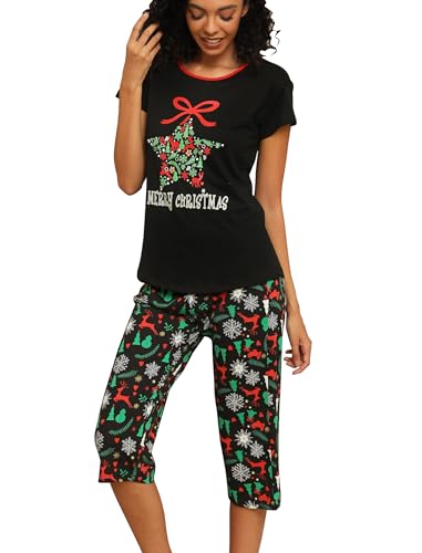ENJOYNIGHT Womens Pajama Sets Cotton Pj Set Short Sleeve Top With Long Pants Sleepwear Christmas Pj...