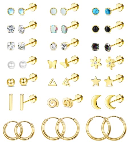 ADRAMATA Pendientes Chapados en Oro con Parte Trasera Plana 20G para Mujer - Aros de Tuerca Hipoalergénicos con CZ Piedra Lunar Ópalo - 21 Pares