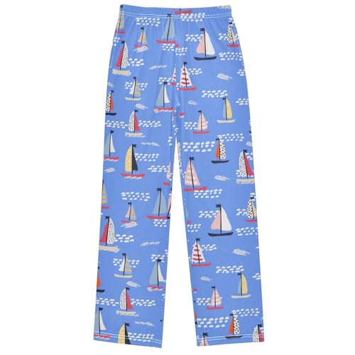 Boy's Pj Pants Hand Drawn Sailboat Ocean Lounge Bottoms Elastic Kids Sweatpants Joggers with Pockets Size 6-14