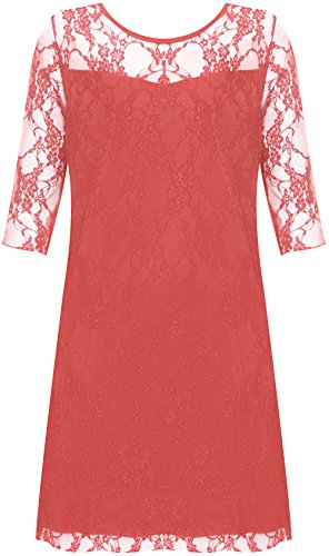 WearAll New Ladies Lace Lined Sleeve Plus Size Womens Knee Length Stretch Dress Coral 14