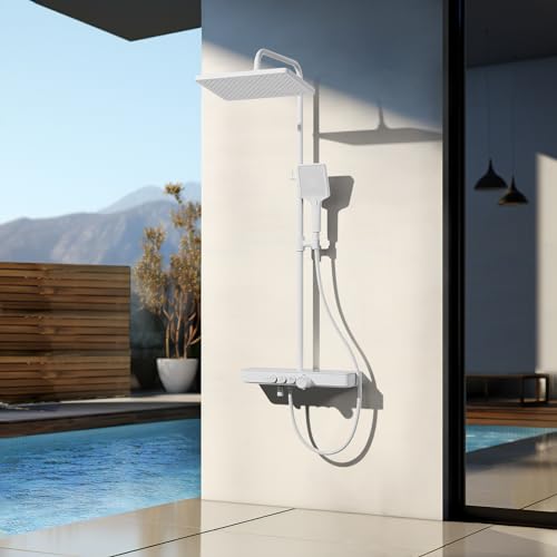 EMKE Colonne de douche Thermostat, 45 x 13 cm étagères en verre, douchette, 3 types de jets, douche à effet pluie, bec verseur,...