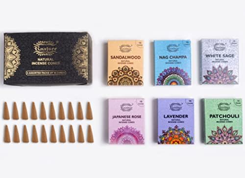 Raajsee Natural Incense Cones,6 Pack Mixed Scents Gift Pack 15 pc Each (90 Total), Insense Cones Variety Pack, 100% Organic Non Toxic Natural - Hand Rolled Free from Chemicals (Pack 1)
