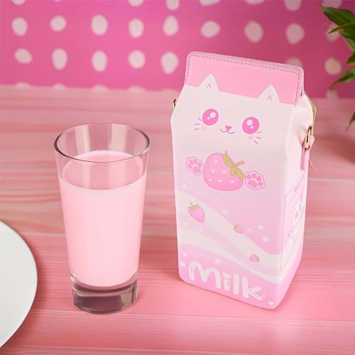 BelugaDesign Strawberry Milk Cat Purse | Pink Pastel Kawaii Anime Ears Paws Crossbody Bag Handbag | Cute Cartoon Faux Leather Carton Shape for Women with Removable Adjustable Strap4