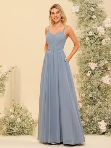Women's Chiffon V Neck Bridesmaid Dress Spaghetti Straps Brides Maid Dresses with Silt EMI0192