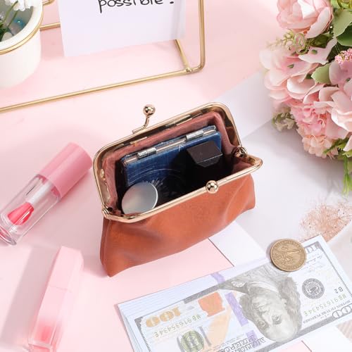 CREATCABIN Brown Kiss Lock Wallet Vintage Leather Coin Purse Ladies Money Pocket Iron Frame Compact Hand-held Wallet for Credit Cards Keys Headset Storage Christmas Valentine's Day Gift 4.1x4.3x1.2in4