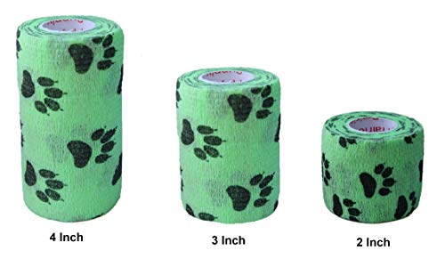 Image of Vet Wrap Wrap Tape (Green with Paw Prints) (2 Pack) (4 Inch x 15 feet) Self Adhesive Adherent Adhering Cohesive Flex Self Stick Bandage Grip Roll Dog Cat Pet Horse