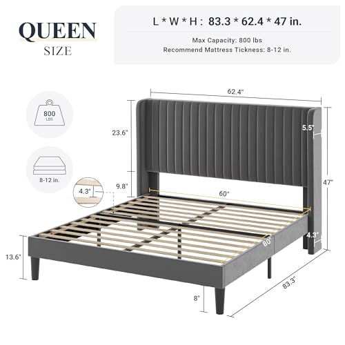 Allewie Queen Size Velvet Bed Frame/Vertical Channel Tufted Wingback Headboard/Upholstered Platform Bed/Strong Wooden Slats/No Box Spring Needed/Easy Assembly/Grey