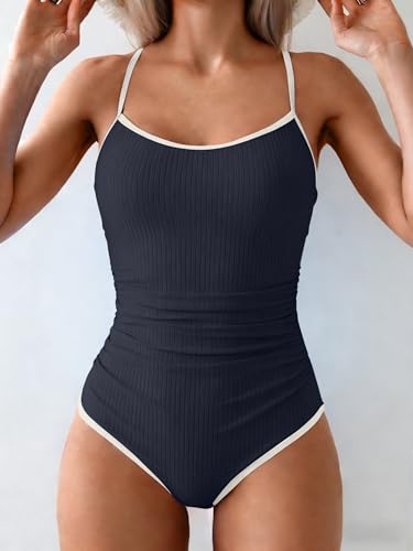 Image of Eomenie Women's One Piece Swimsuit Tummy Control Slimming Bathing Suit Color Block Spaghetti Strap 1 Piece Swim Suit Swimwear