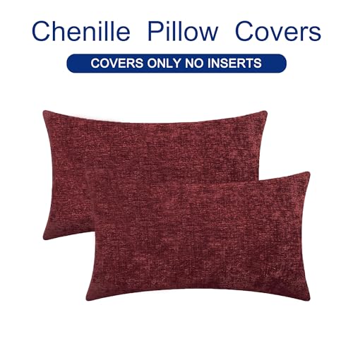 Image of CaliTime Pack of 2 Cozy Bolster Pillow Covers Cases for Couch Sofa Home Decoration Solid Dyed Soft Chenille 12 X 20 Inches Burgundy