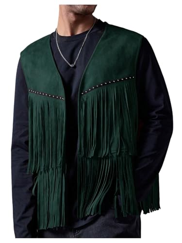 OYOANGLE Mens Casual Suede Top Shirt Boho Fringe Trim Open Front Sleeveless Vest Jacket Waistcoat Dark Green M