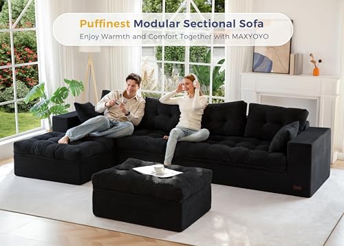 Image of MAXYOYO 132 inch U Shaped Modular Sectional Sofa with 2 Ottomans, Cloud Boneless Couch with Layered Cushion, Flexible Module Combination Sofa for Living Room, No Assembly Required, Black