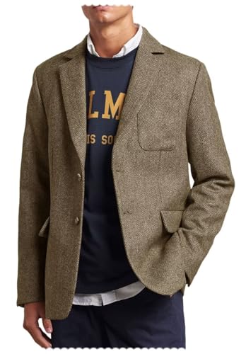 Men's V-Neck Tweed Blend Blazer 2-Button British Casual Herringbone Jacket with Pockets4