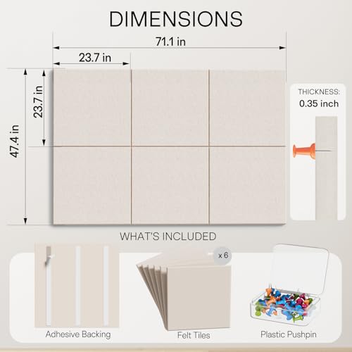 Image of MaxGear Extra Large Bulletin Board 72 inch x 48 inch, Light Tan Felt Wall Tiles
