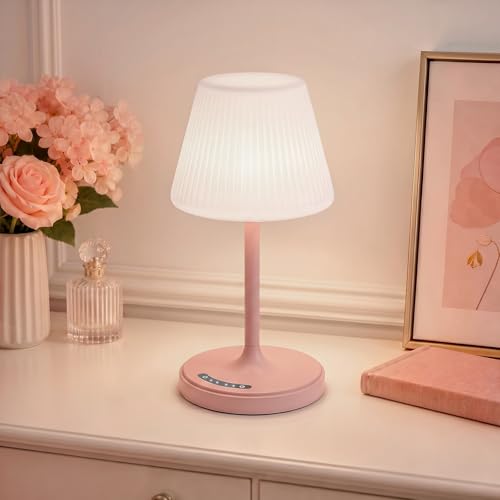 Image of Waterproof Shower Lamp, 4000mAh Cordless Table Lamp, 3-Color Dimmable -Pink | touch dimmable, weighted base, bathroom shower light, patio dinner, RV camping, charge your phones, memory night light