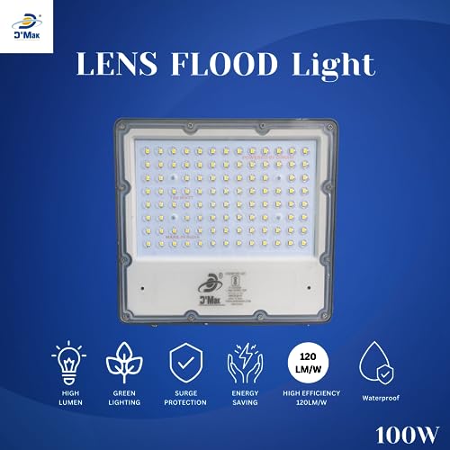 Image of D'Mak 100W Lens Led Flood Light - Ip65 Waterproof Led Lights with 120 Wide Beam-Led Lamp Lights for Yard,Showroom,Shop, Factory,Garden, Playground & Home(Cool White,6500k)- Pack of 1