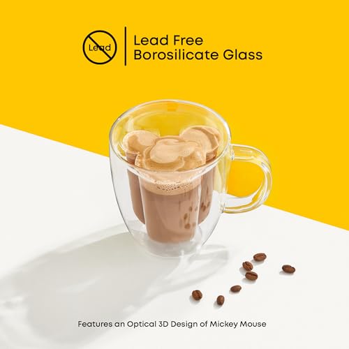 JoyJolt Disney Mickey Mouse 3D Glass Cups Set of 2, 10oz Insulated Double Wall Glass Coffee Cups with 3D Design, Insulated Disney Coffee Cup Set, Unique Mugs also for Espresso