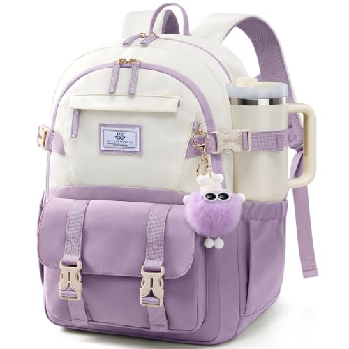 LOVEVOOK School Backpack for Teen Girls, Bookbag for 8-16 Student, Middle High College Back to School Cute Kids Backpack, 15.6 Inch, Purple-beige