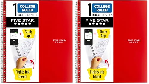 Image of Five Star Spiral Notebook Plus Study App, 1 Subject, College Ruled Paper, 100 Sheets, 8-1 /2 inch x 11 inch, Fire Red (72053) (Pack of 2)