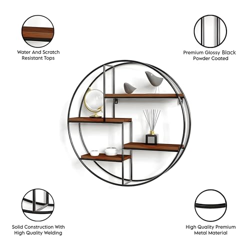 Image of Dime Store Metal Round Floating 4-Tiers Shelves Wooden Bookshelf for Home Wall Decorative Racl Shelf for Living Room & Bedroom (Black & Brown)