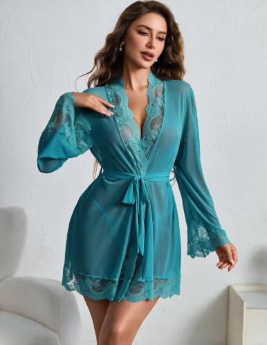 Image of Avidlove Women Lace Kimono Robe Sexy Lingerie Mesh Chemise Cover Up Sets