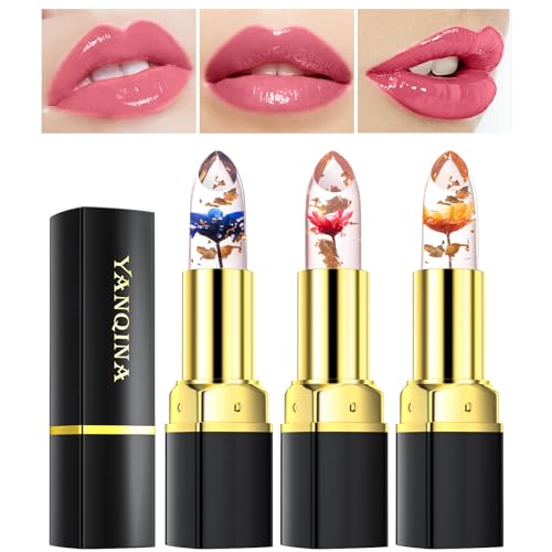 Bekoeen 3 Pcs/Set Flower Jelly Lipstick Set Temperature Change Moisturizer flower Lip Stick,Lang Anhaltende Feuchtigkeitsspendende, Abdeckende Lippen Linien