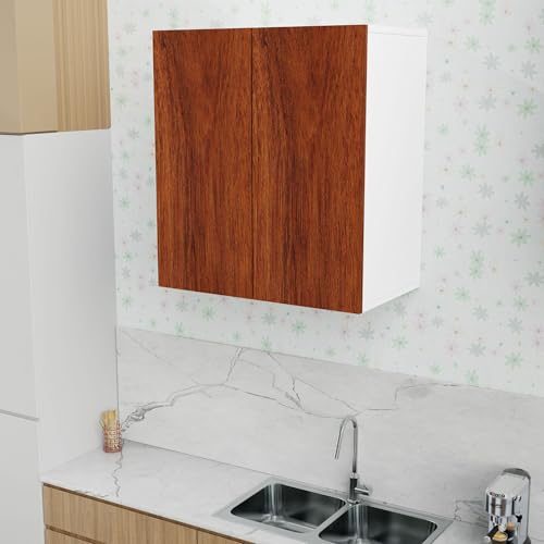 Image of 2 Door Multipurpose Wall Mounted Cabinet with Adjustable & Fixed Shelf | Storage for Modular Kitchen, Office & Living Room | Assembly-DIY | Color-White & Cherry Pine | Size-60x33x63.8 Cm