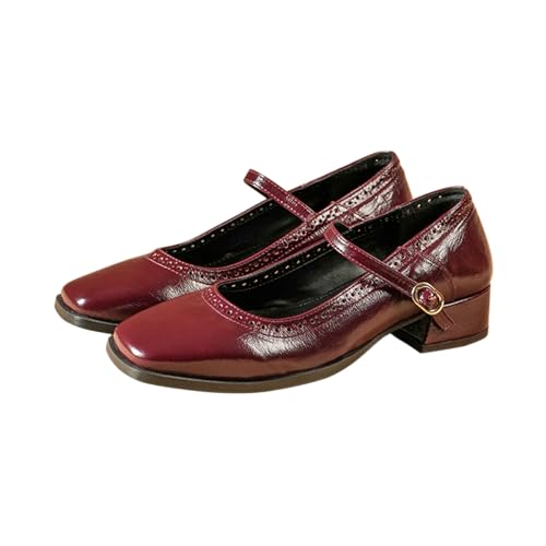 Image of Theater Miss Newton Mary Jane Block Heels with Vintage Textured Detailing for Women | Adjustable Cross-Strap Buckle and Comfort Sole for Office, Formal