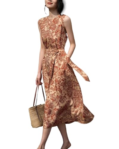 Women's 100% Silk Terracotta Paisley Print Midi Dress Sleeveless Summer Dress for Weddings or Parties